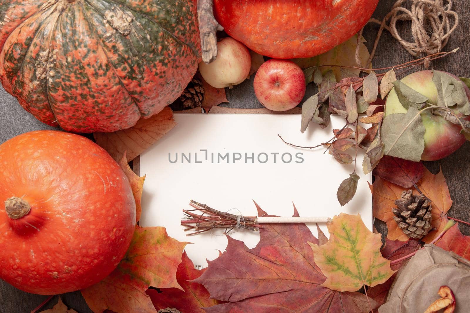 a small decorative witch’s broom on a notepad, a cozy autumn still life with leaves, seasonal fruits and vegetables, write down a recipe, top view, copy space