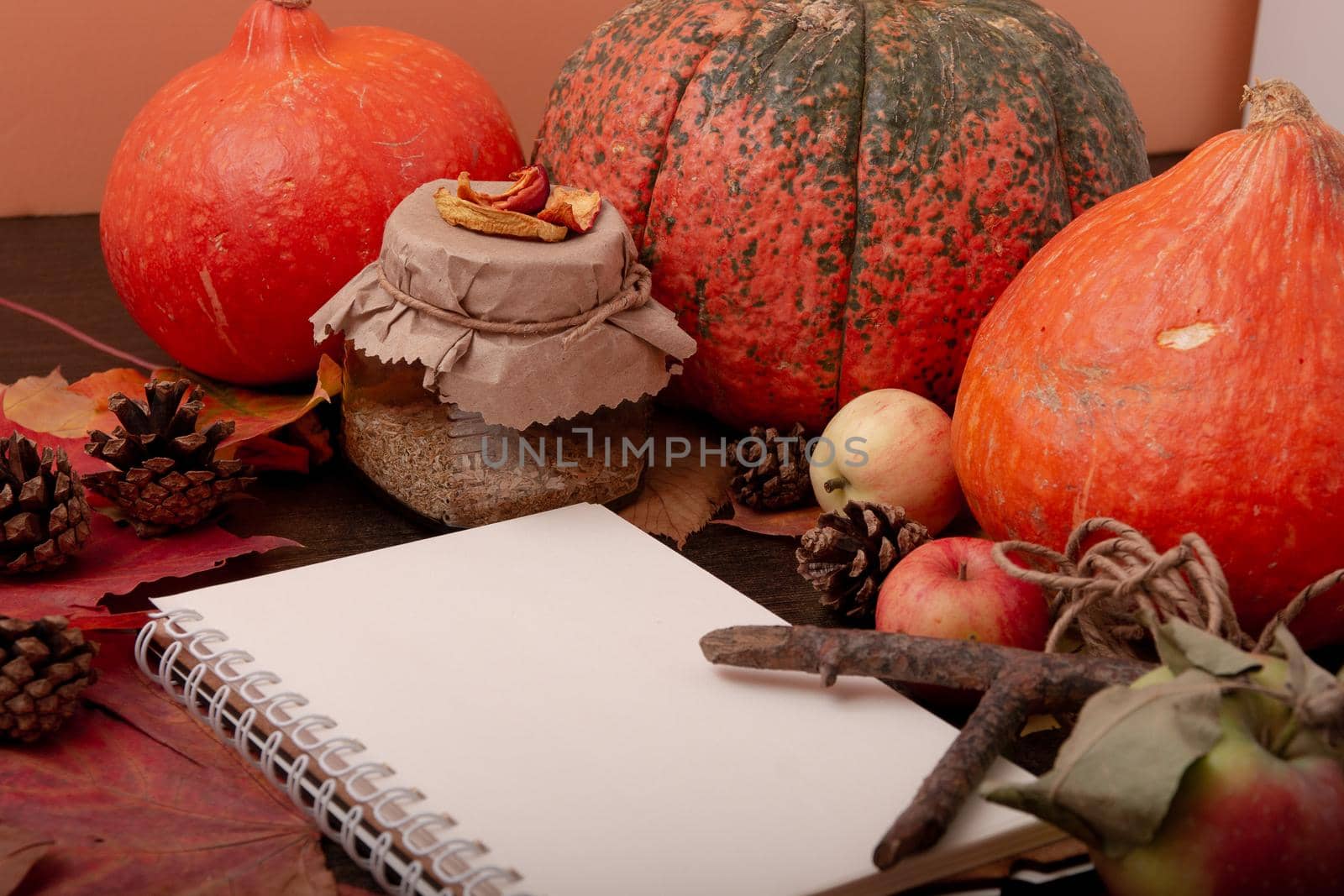 cozy still life of a jar of tea, autumn fruits and vegetables, dry apples, a branch, autumn leaves, a cold treatment in autumn, orange colors, a writing pad, copy space, autumn mood, halloween, blessing day, seasonal theme by natashko