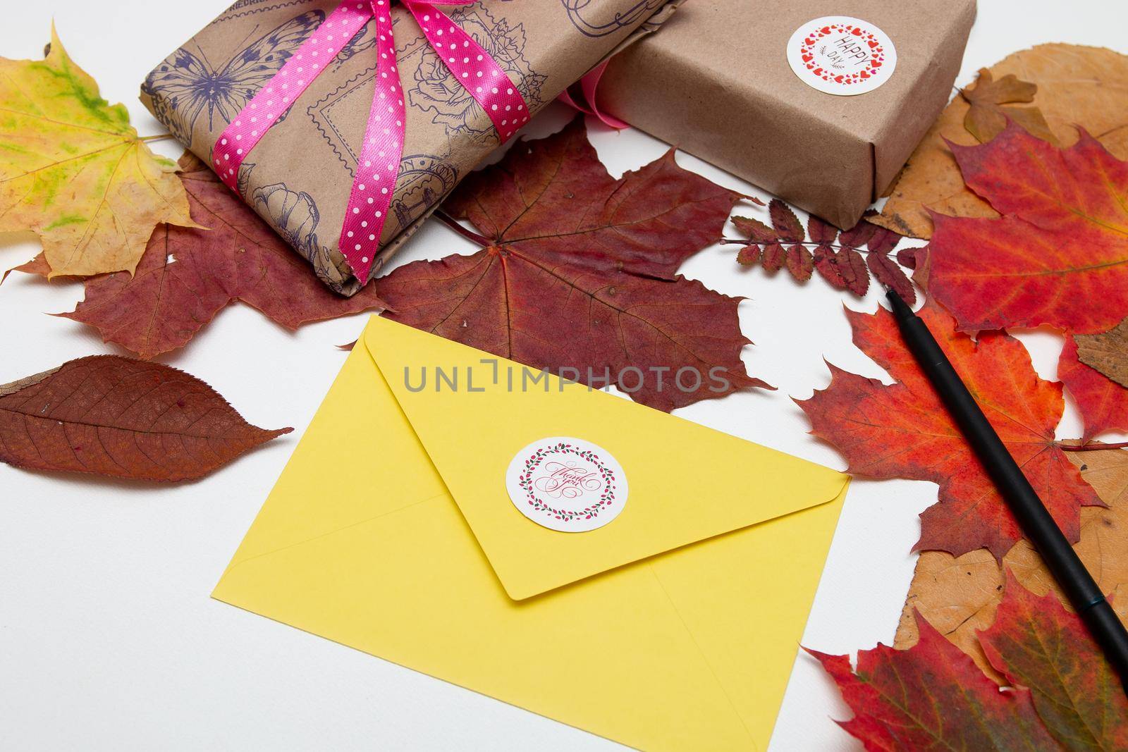 Thanksgiving background, yellow envelope with the inscription thank you, gifts with beautiful ribbons, maple autumn leaves on a white table, copy space, flat lay, top view, thanksgiving, holiday by natashko
