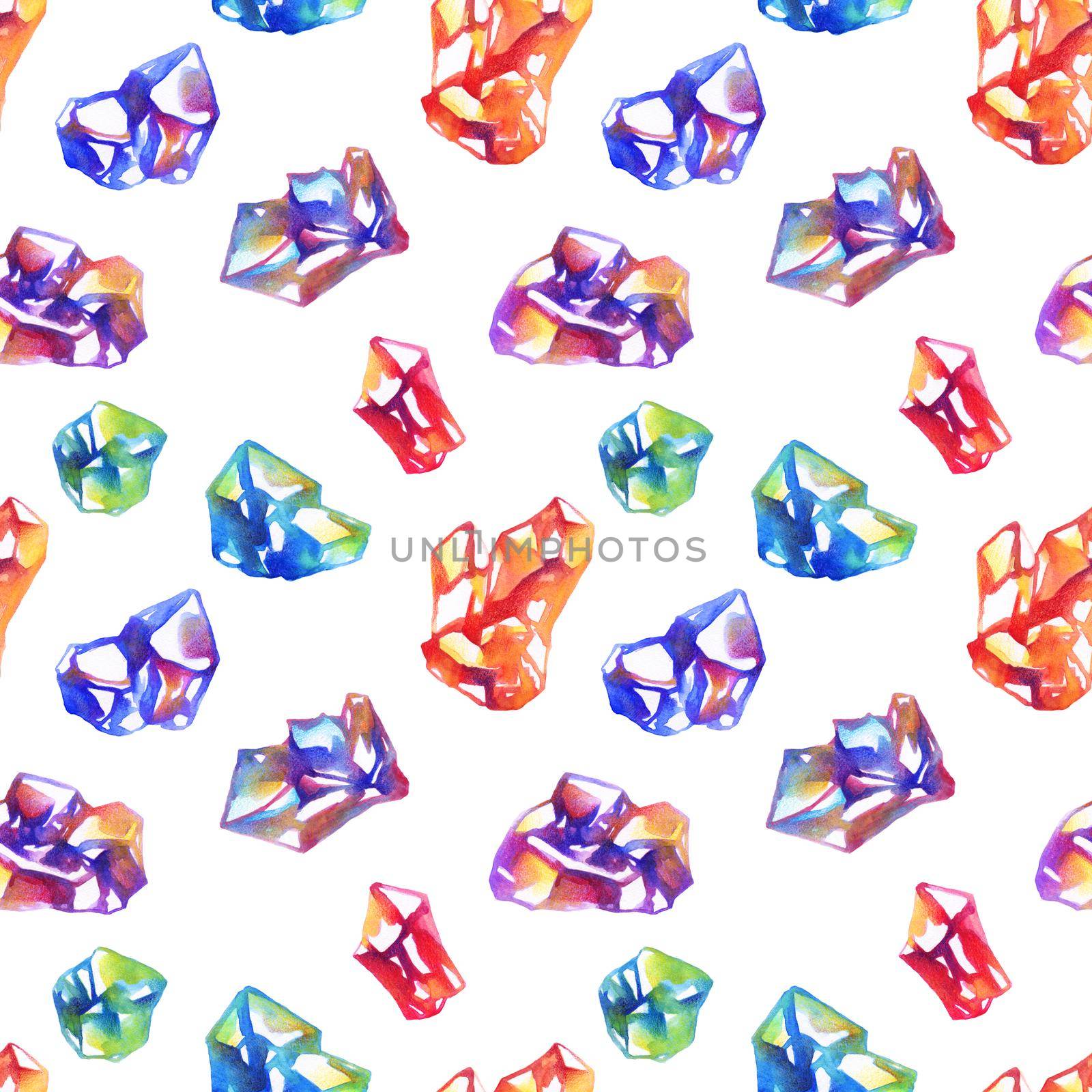 Seamless pattern with hand-drawn watercolor crystals