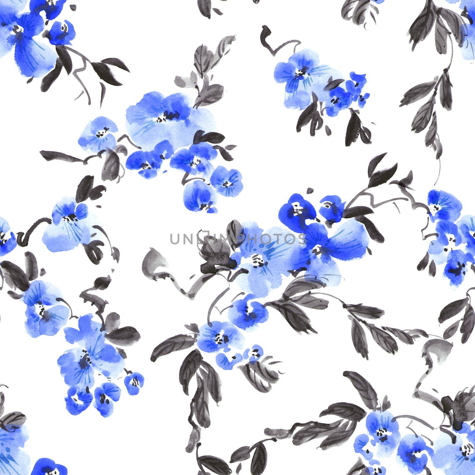 Watercolor and ink illustration of blossom tree with blue flowers, buds and leaves. Oriental traditional painting in style sumi-e, u-sin and gohua. Seamless pattern.