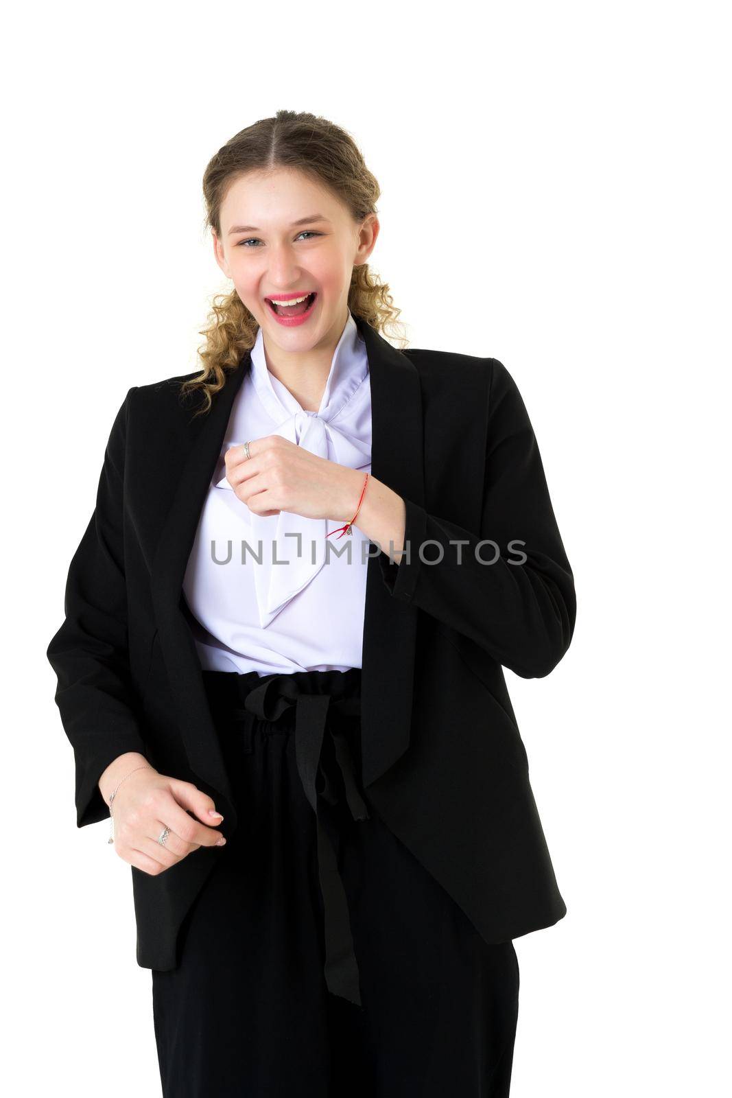 Happy joyful student girl in formal black suit by kolesnikov_studio