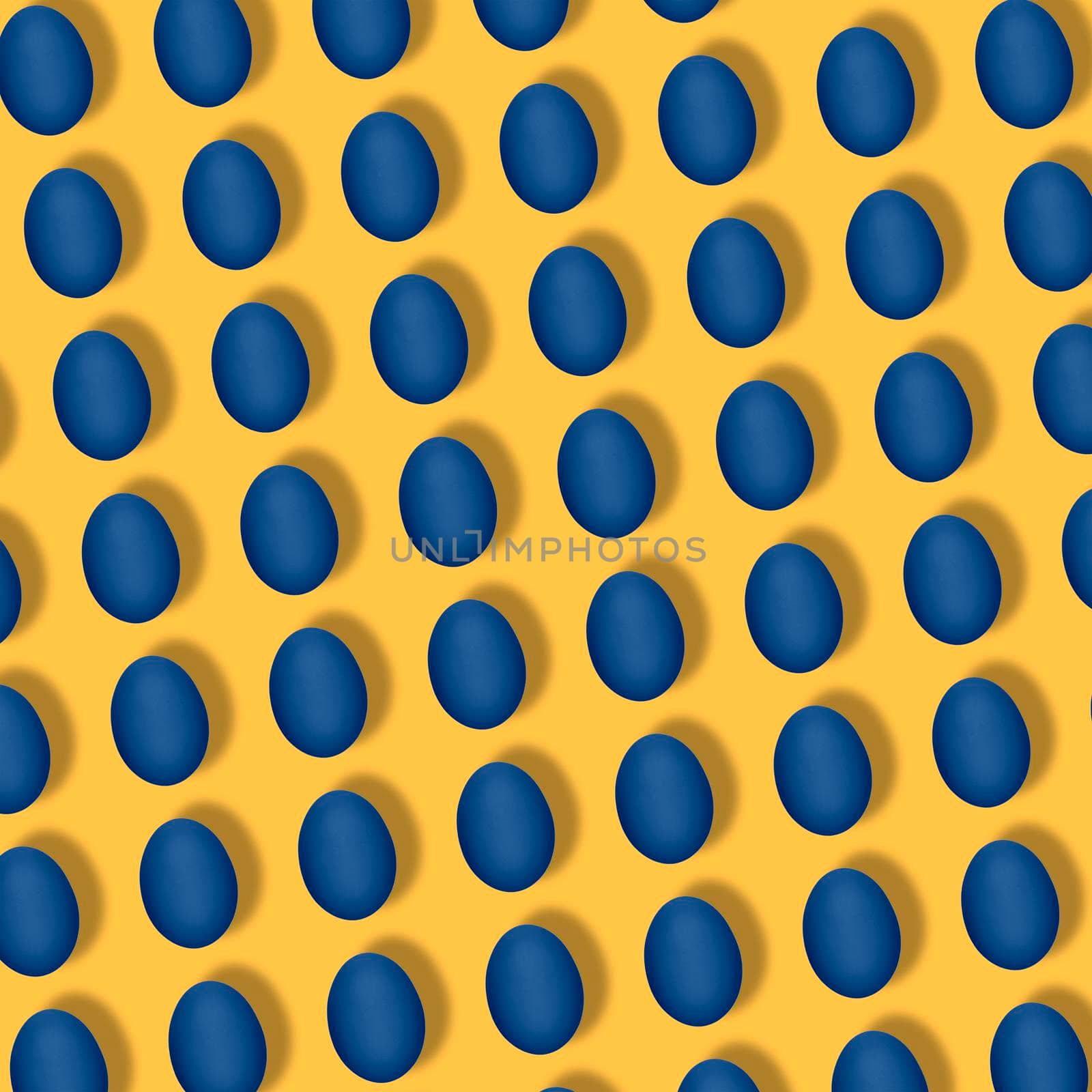 Pattern made of blue eggs on yellow or orange background. Minimal food concept. Flat lay, top view. Pop art design, creative easter concept in minimal style.