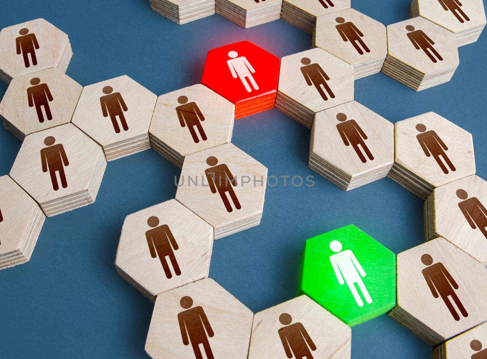 Red and green men are connecting links in a people system network. Ensuring communication between groups of people. Mediation, networking. Duplicate employee. Competition. Alternative connections.
