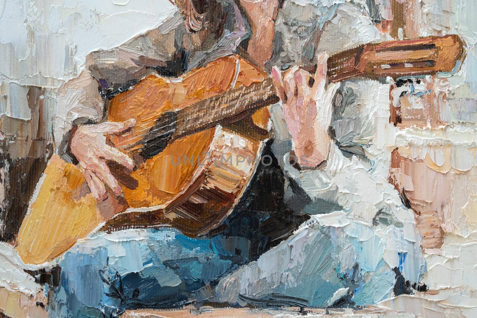 .The girl plays the guitar. Music lessons. Oil painting on canvas.