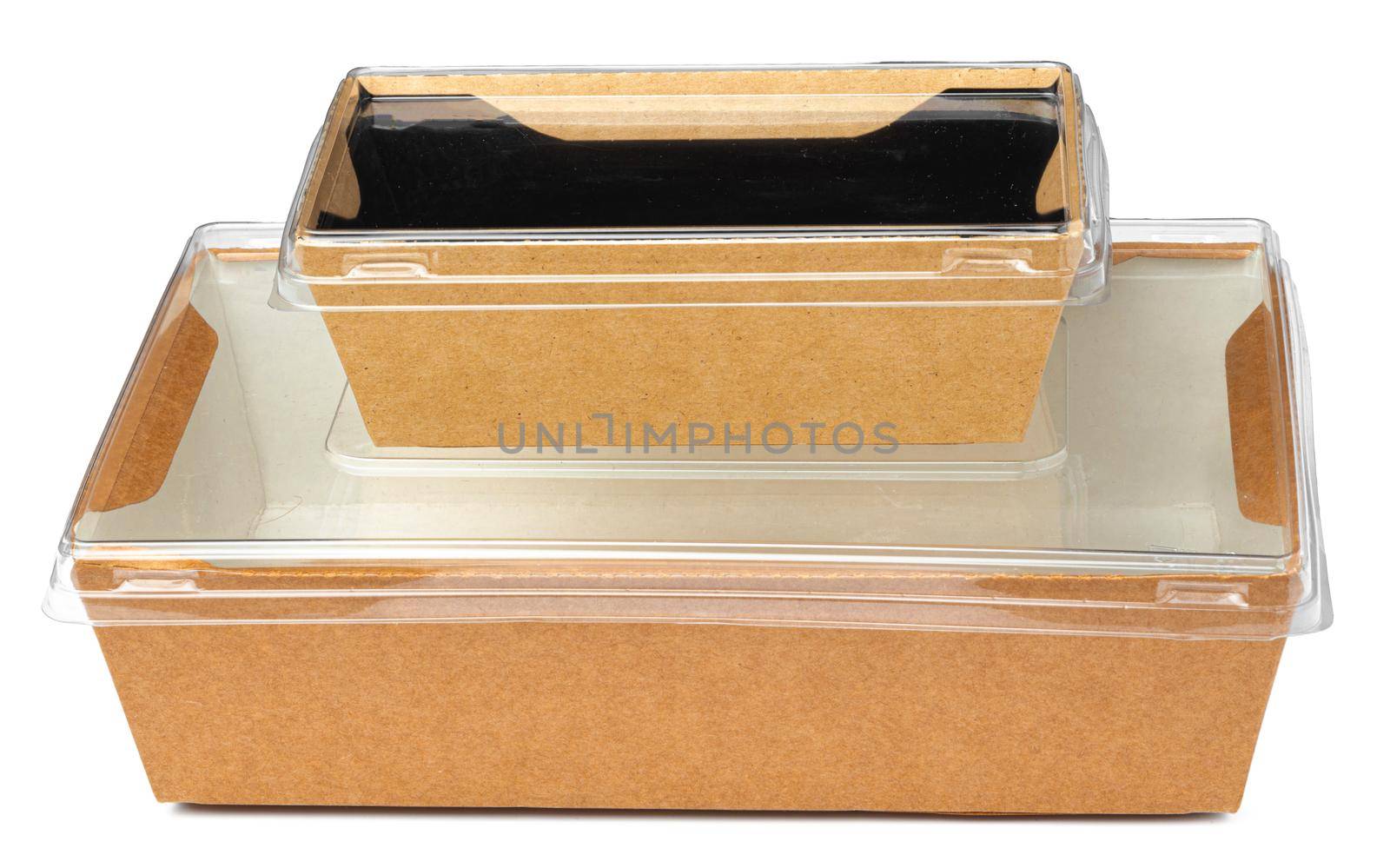 Craft package food box with transparent cover on white background close up