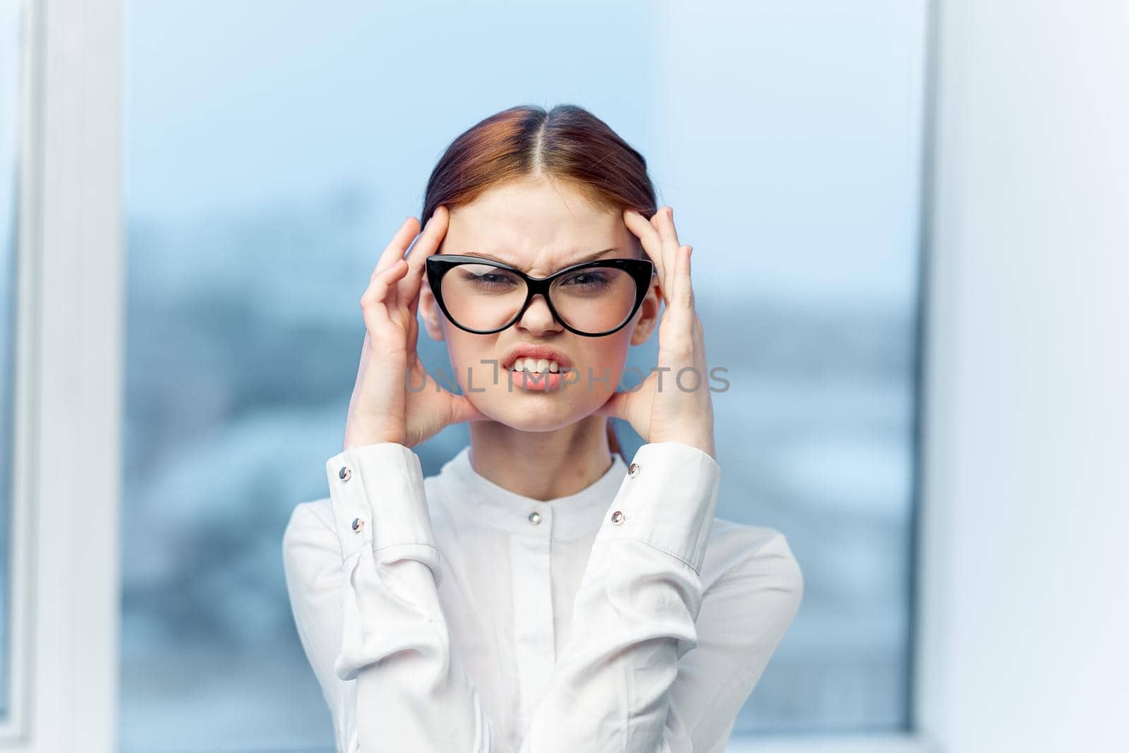 woman secretary in white shirt office work professional. High quality photo