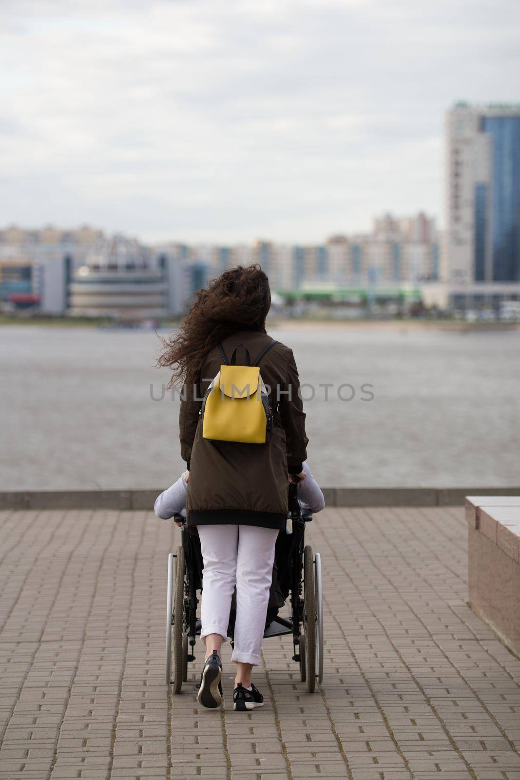 Rear view of young woman walking with disabled man in wheelchair on the quay, vertical