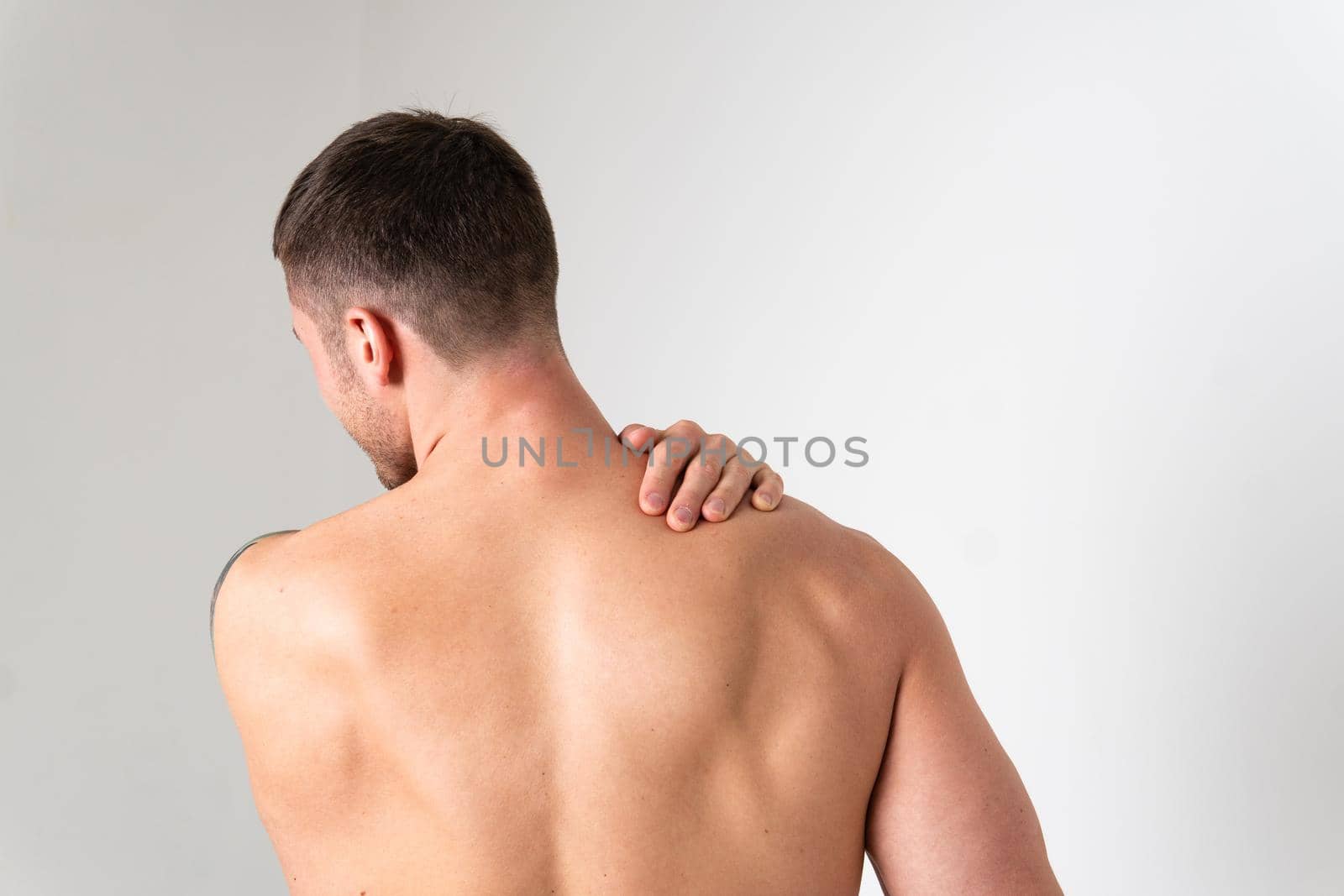 The muscles of the neck in a man on a white background are hurt pain sore muscle, ill sick isolated massage stress, human chronic. Hold red disease suffer attractive by 89167702191