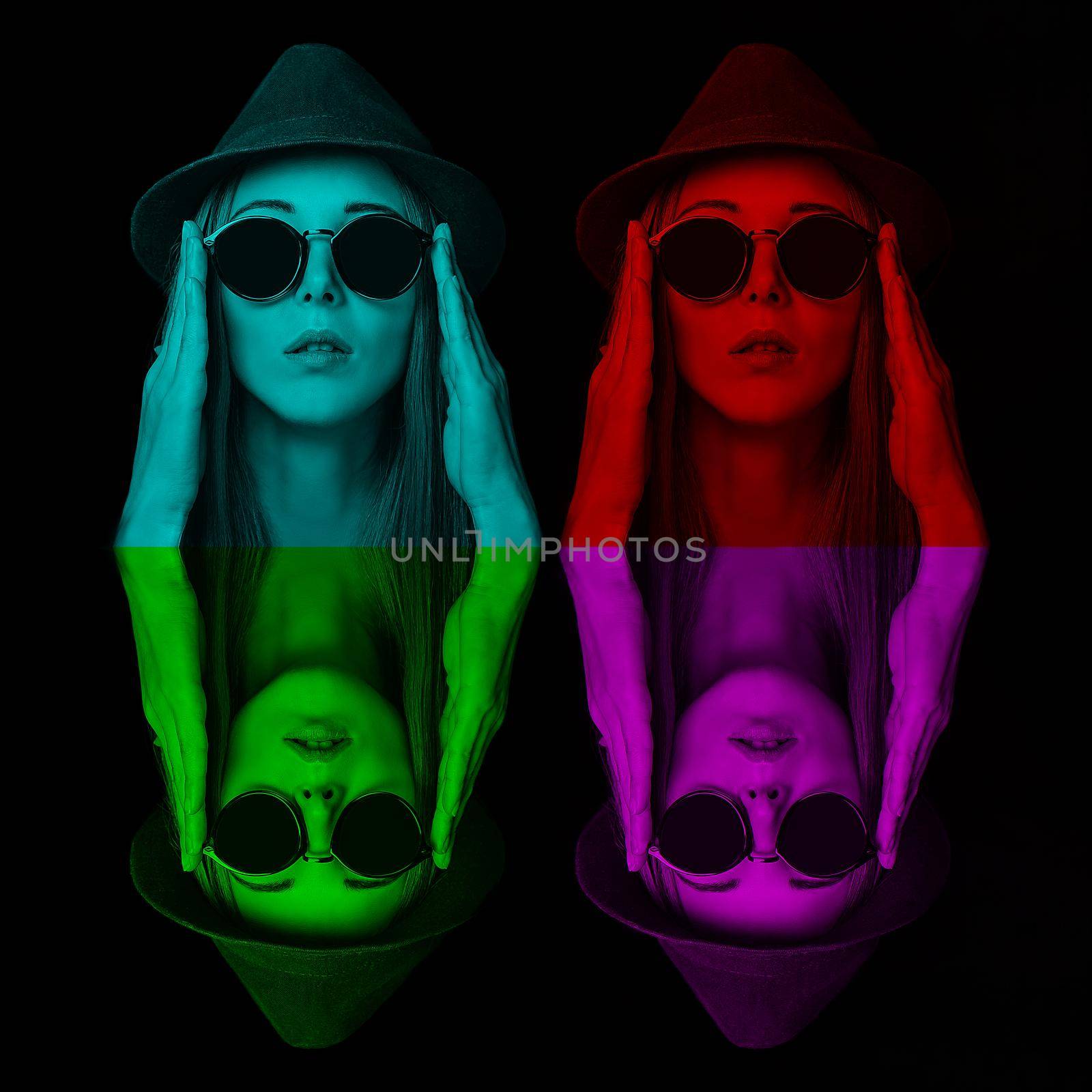 Fashion pop-art style. Portrait of young woman in glasses and hat.