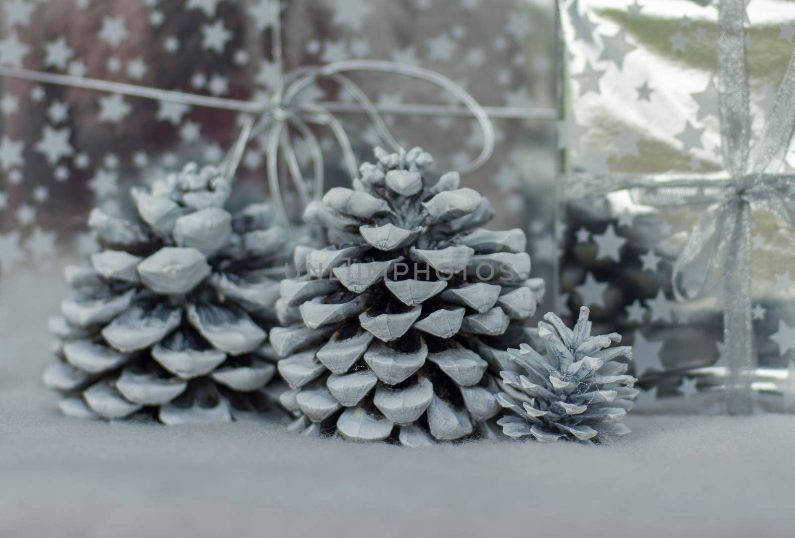 Cones in the snow and presents in silver packing for Christmas