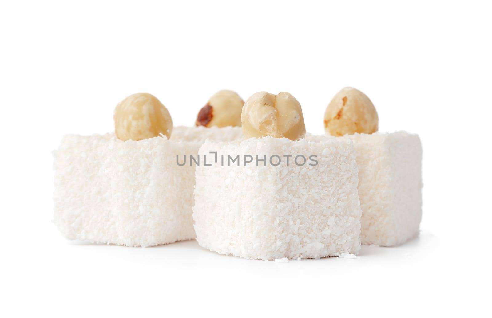 Turkish delight dessert isolated on white background, close up