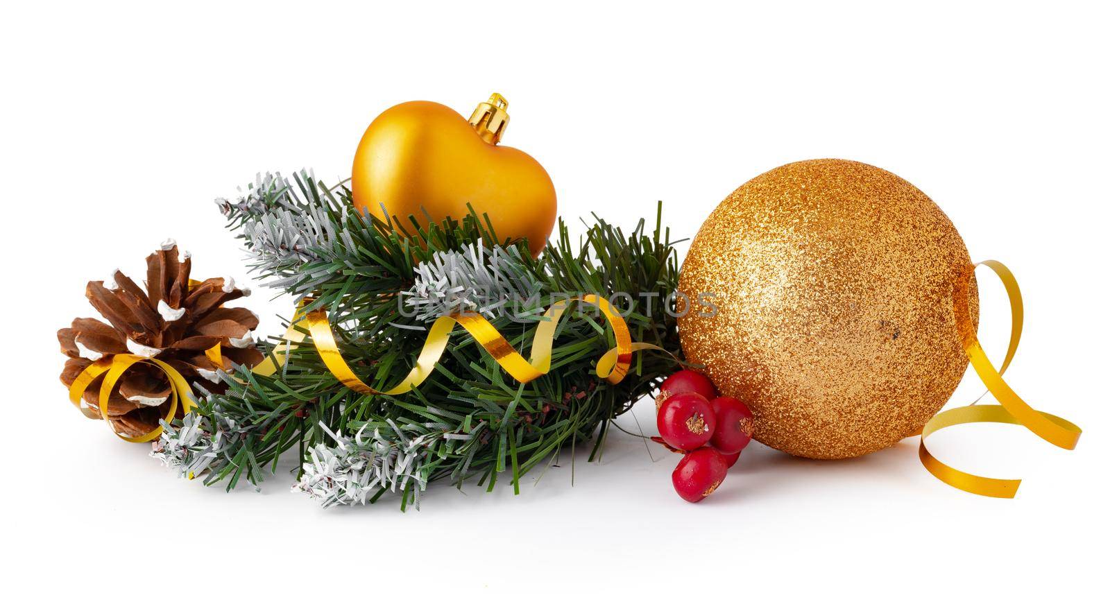 Christmas tree branch with Christmas baubles isolated on white background, copy space