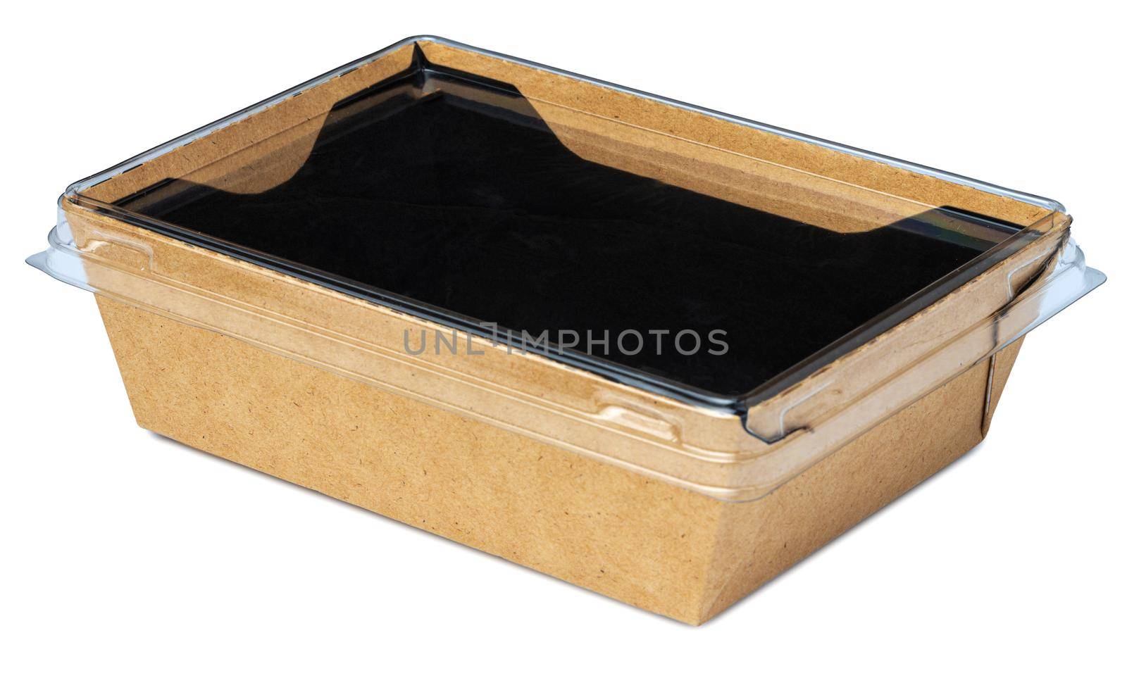 Craft package food box with transparent cover on white background close up
