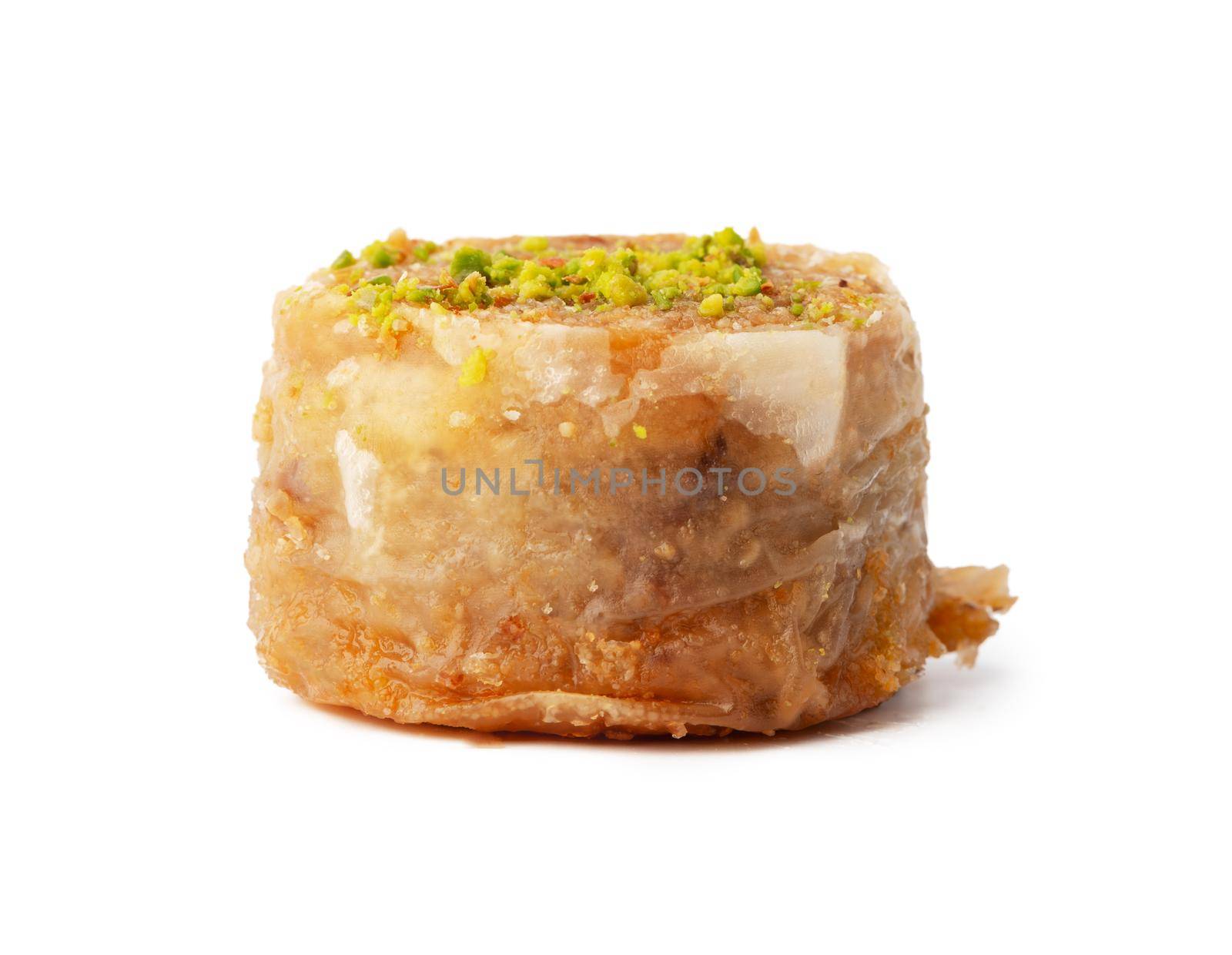 Turkish sweet pastry baklava isolated on white background, close up