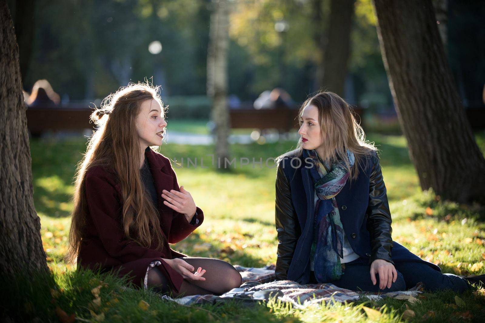 A beautiful long-haired girl tells a story to her friend. They sit on a plaid in the autumn park by Studia72