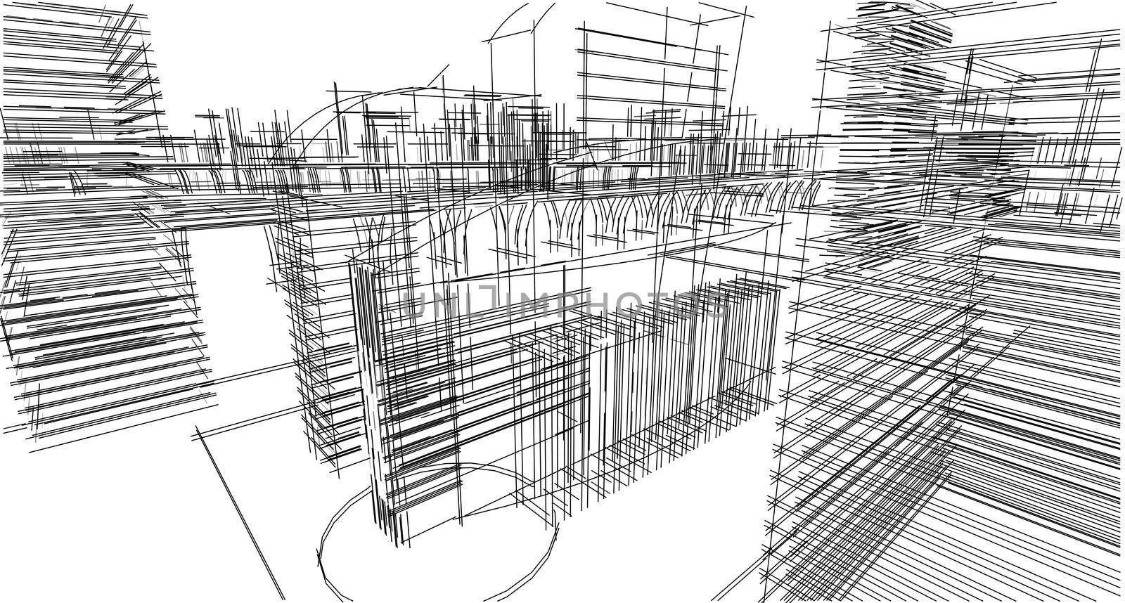 Abstract architectural drawing sketch, City scape, 3D Illustration.