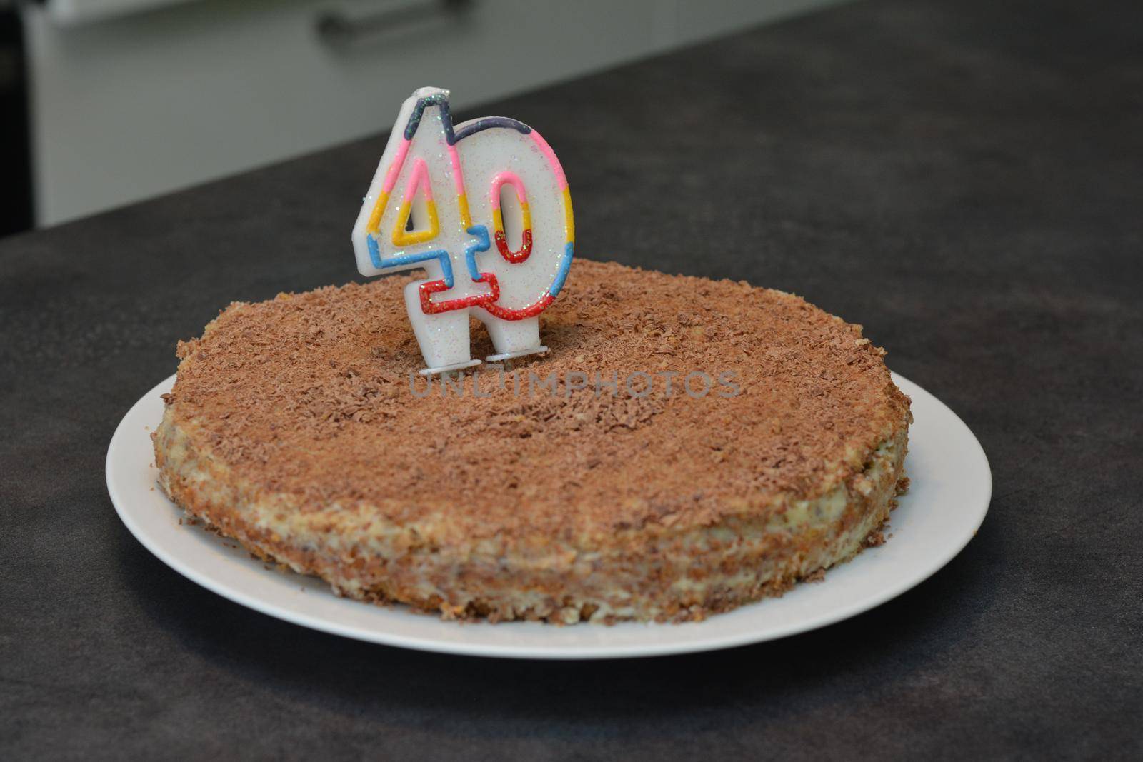 Birthday Chocolate Cake with Candle as a Number Forty