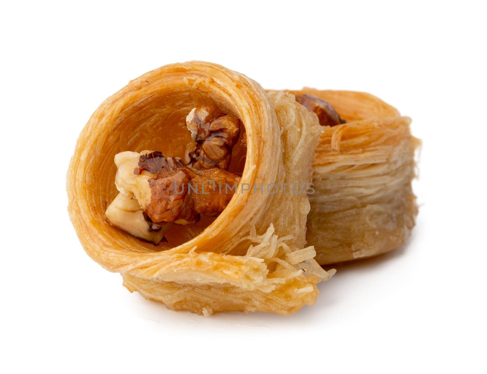 Close up photo of Turkish dessert baklava isolated on white