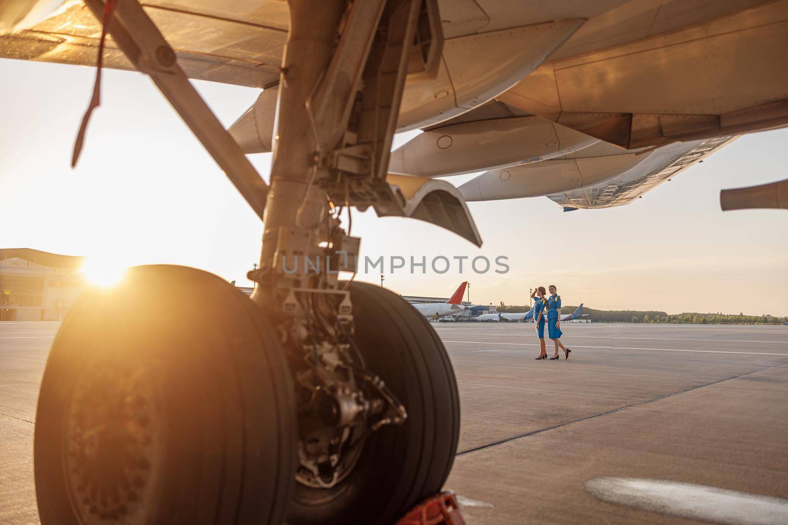 Professional male pilot posing for photoshoot together with two air hostesses in blue uniform, standing in an airport terminal at sunset by Yaroslav_astakhov