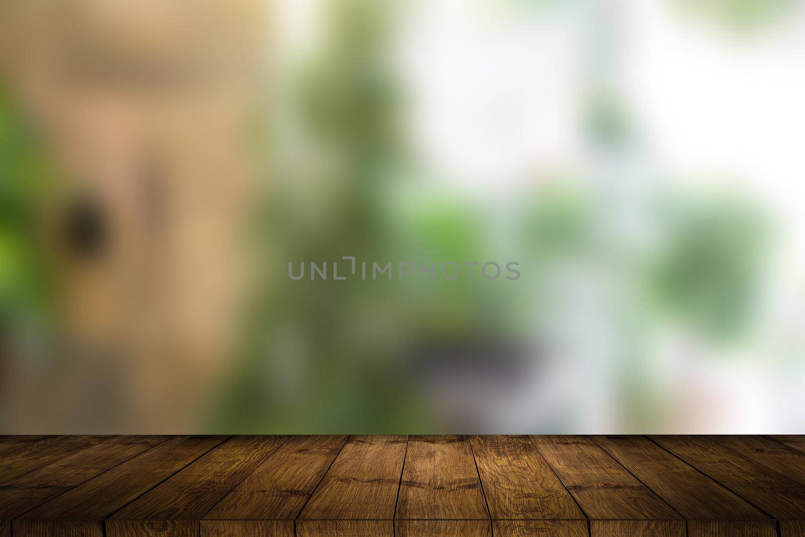Table and blur background, Wooden counter over blur bokeh light background, Brown wood table top, shelf for food and retail shop, store product display backdrop, banner, mockup, template