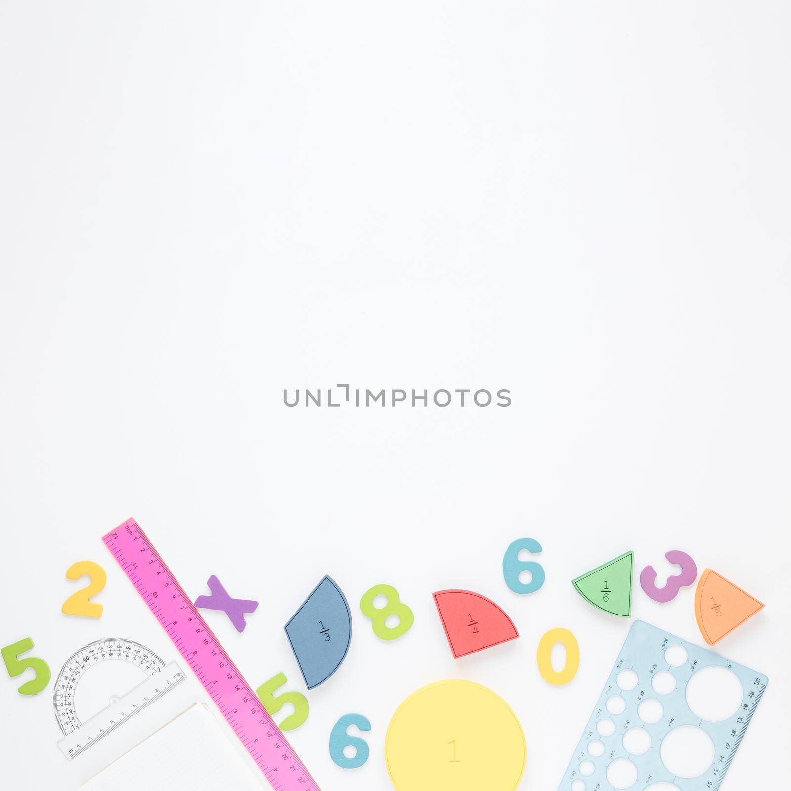 colourful numbers stationery white copy space background