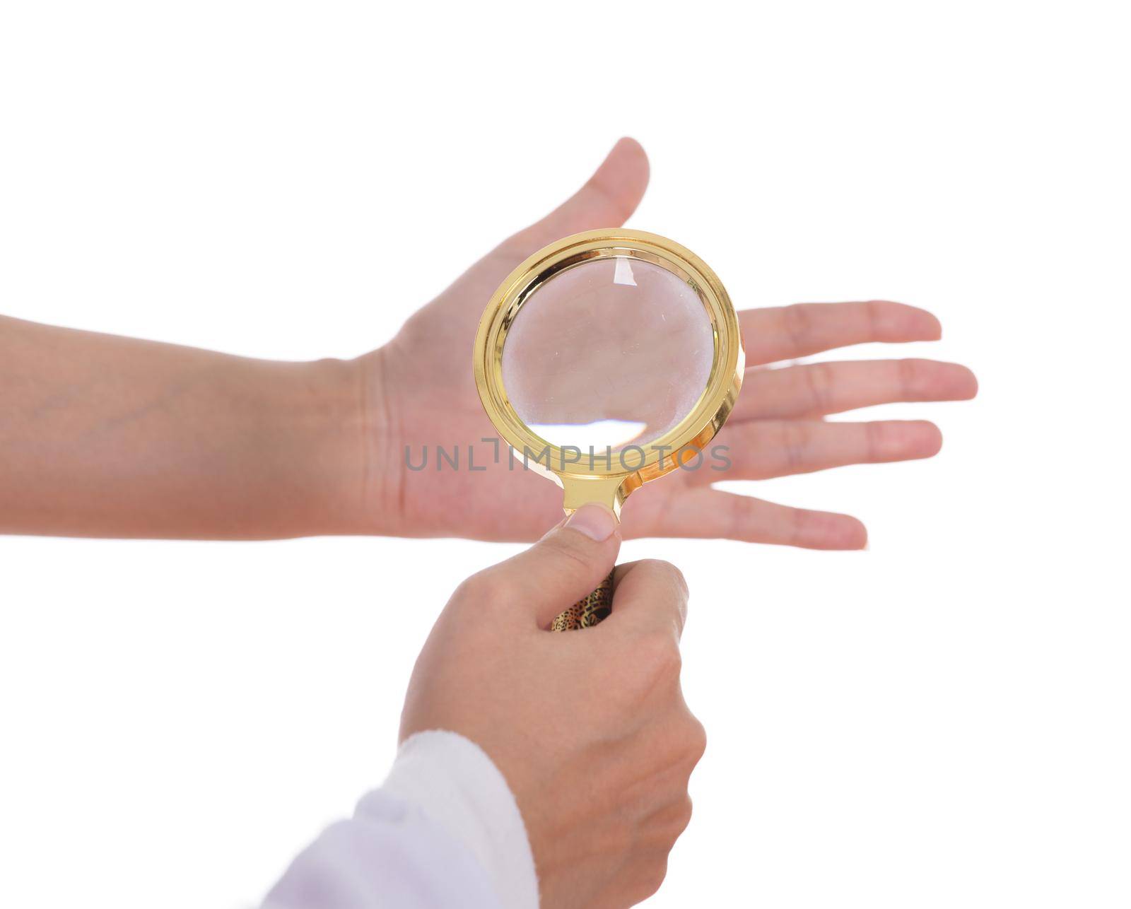 Palmistry, hands and magnifying glass isolated on white background