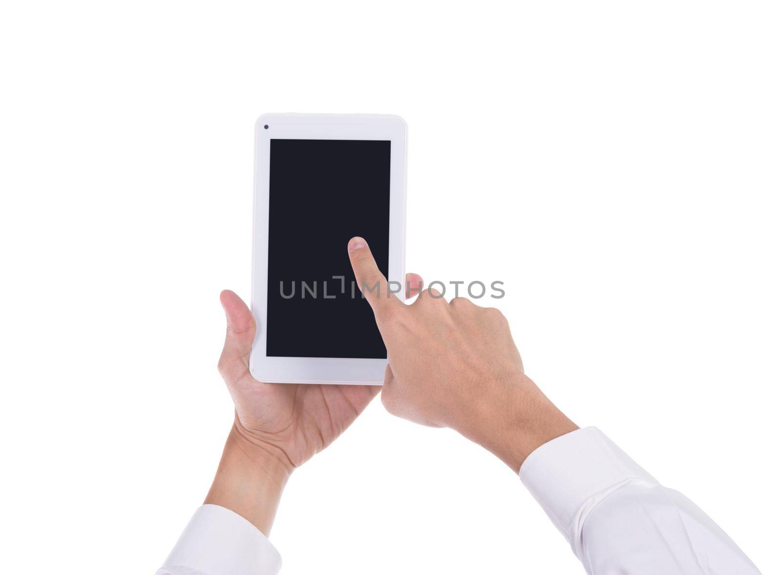hand with small tablet computer blank screen isolated on white background