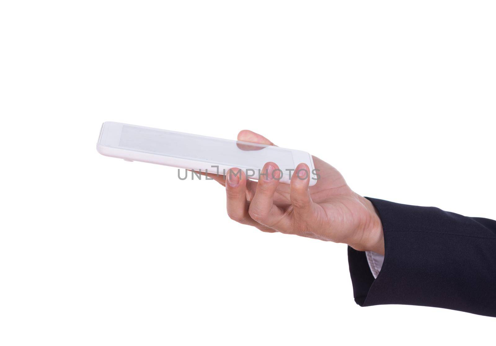 business hand holding a small tablet touch computer by geargodz