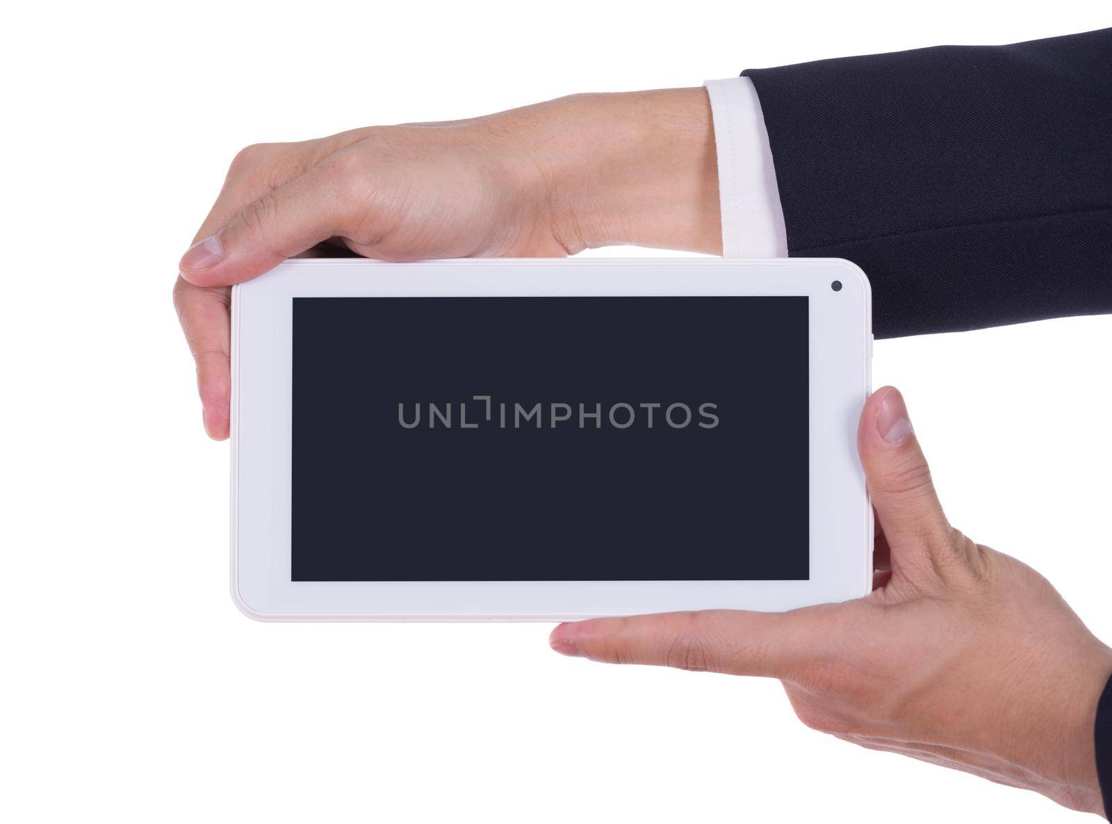 business hand holding a small tablet touch computer by geargodz