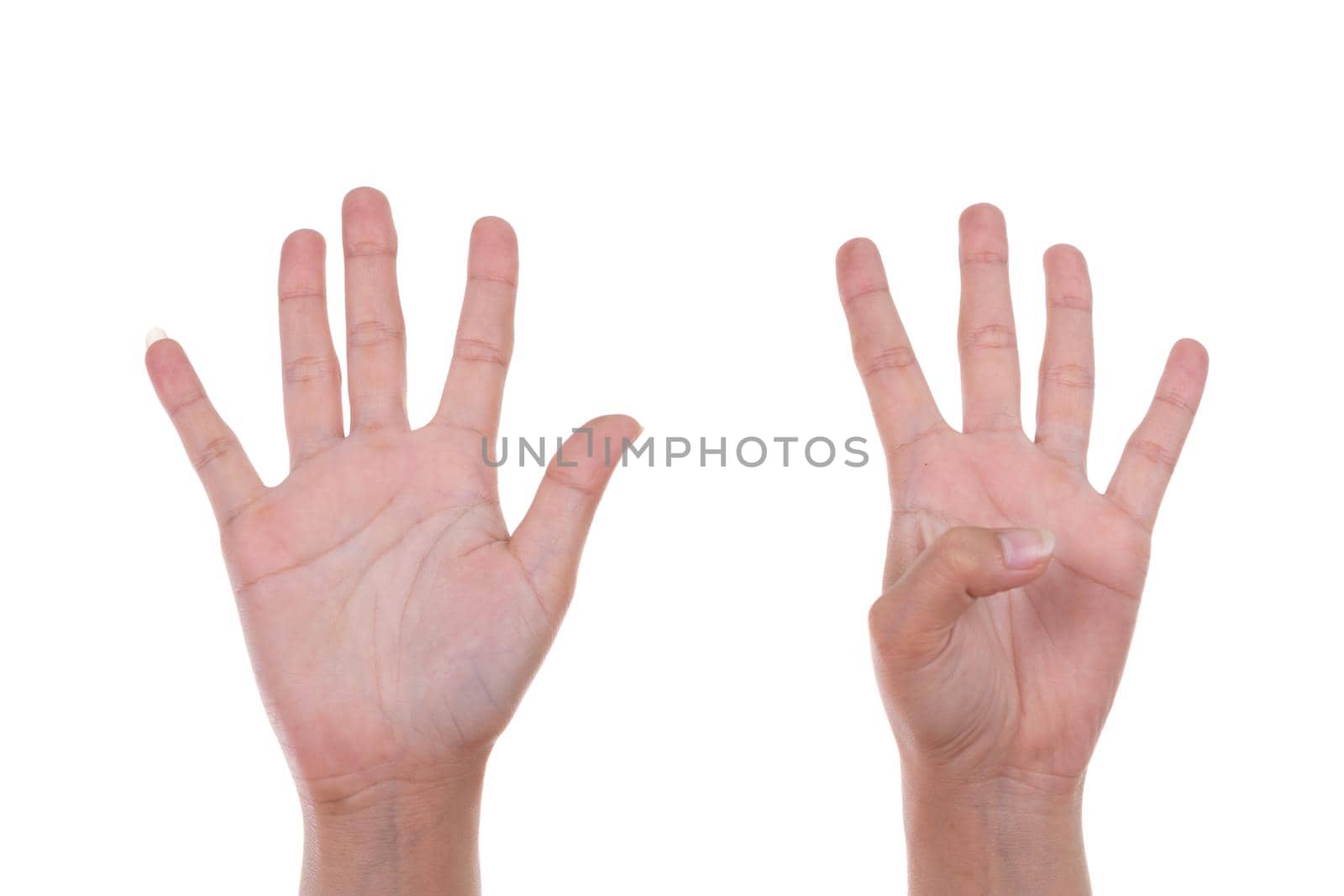 hands show the number nine isolated on white background