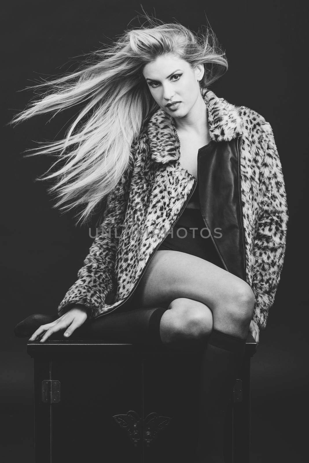 Fashion blond woman with flying hair wearing fur jacket. Studio dark background
