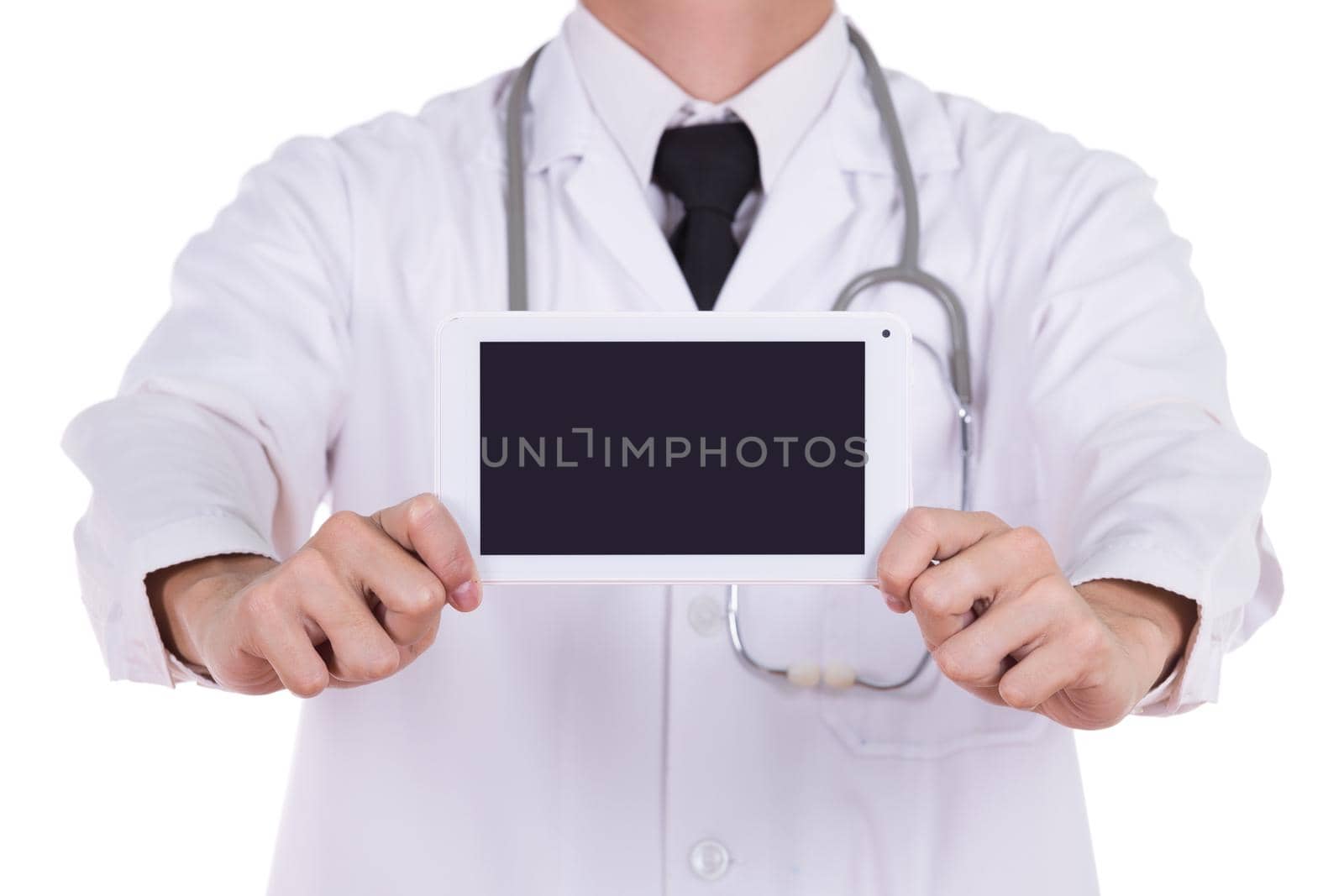 close-up doctor showing tablet computer blank screen isolated on white background