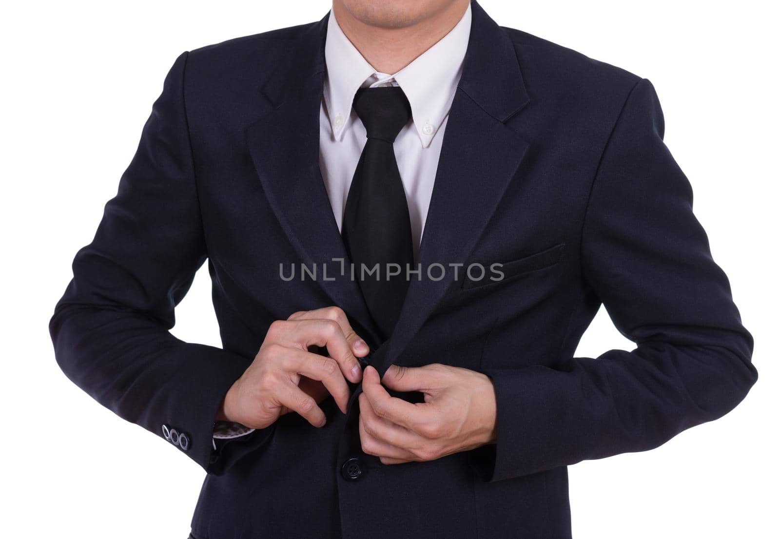 business man button his jacket isolated on white background