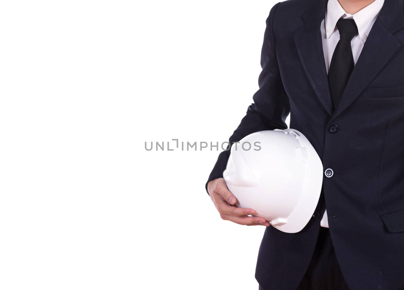 engineer in suit holding helmet isolated on white background 