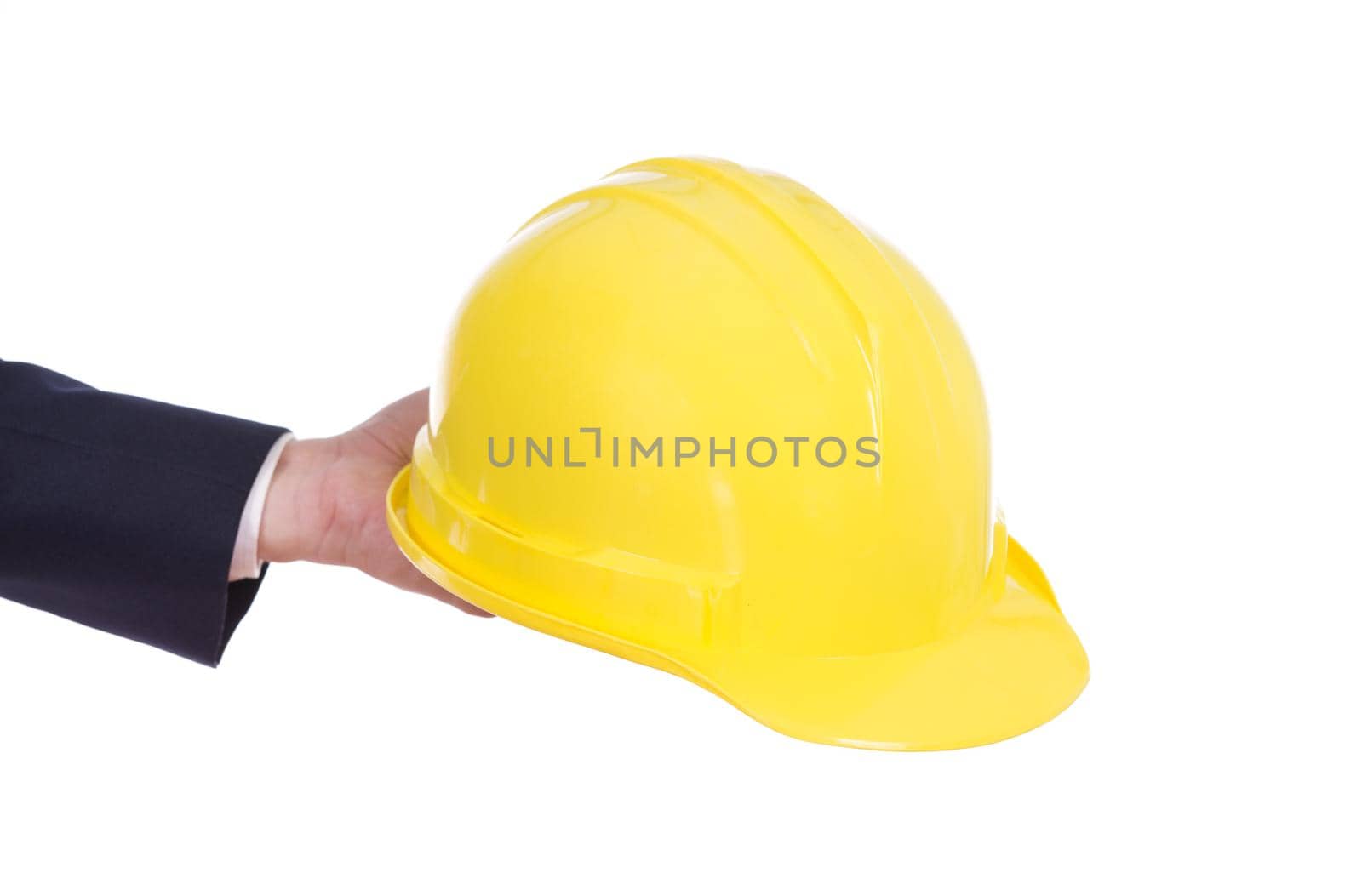 hand of engineer holding helmet isolated on white background 