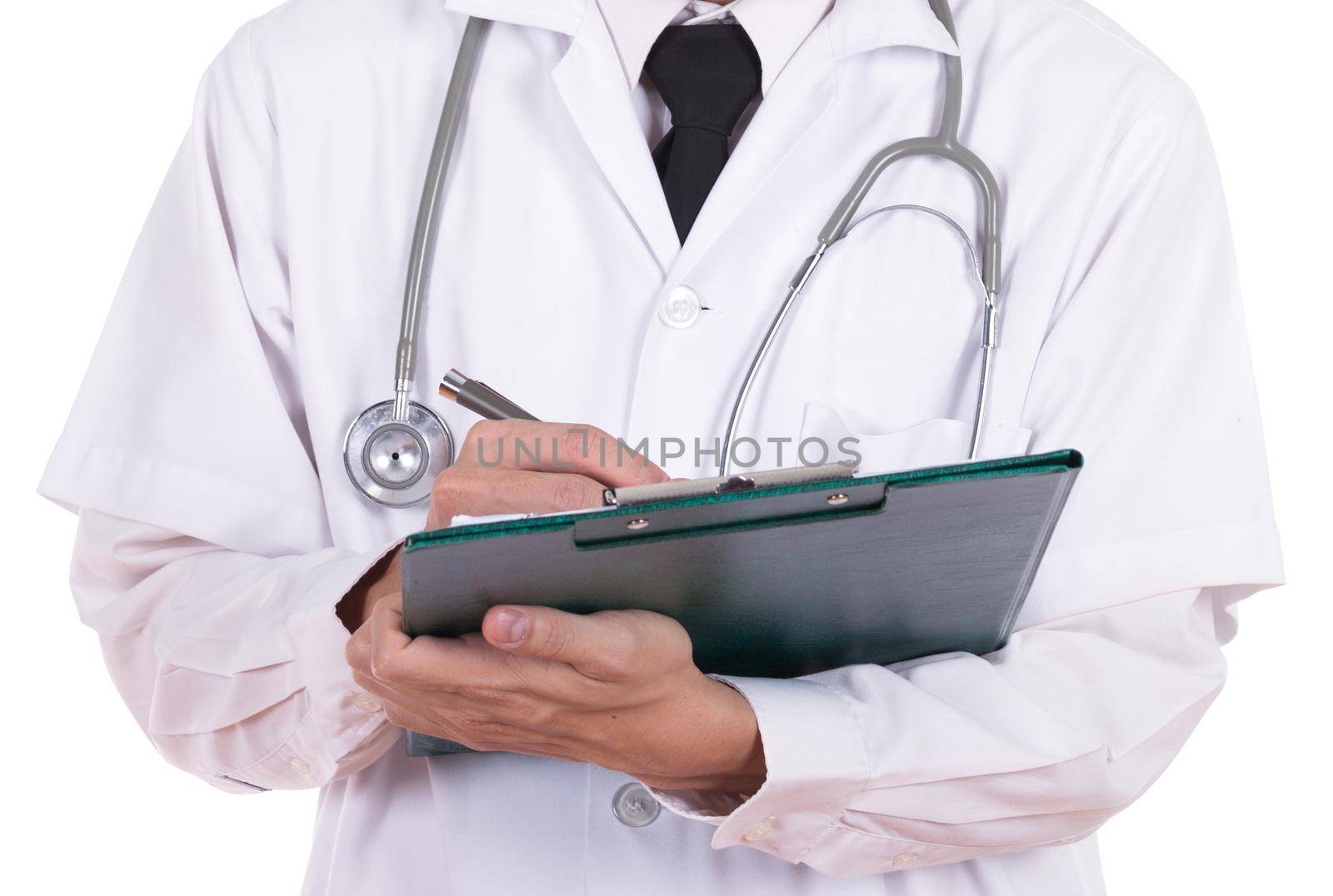 doctor writting medical report isolated on white background