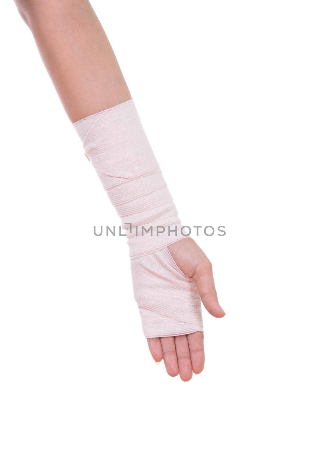 close-up injured arm wrapped in an Elastic Bandage isolated on white background