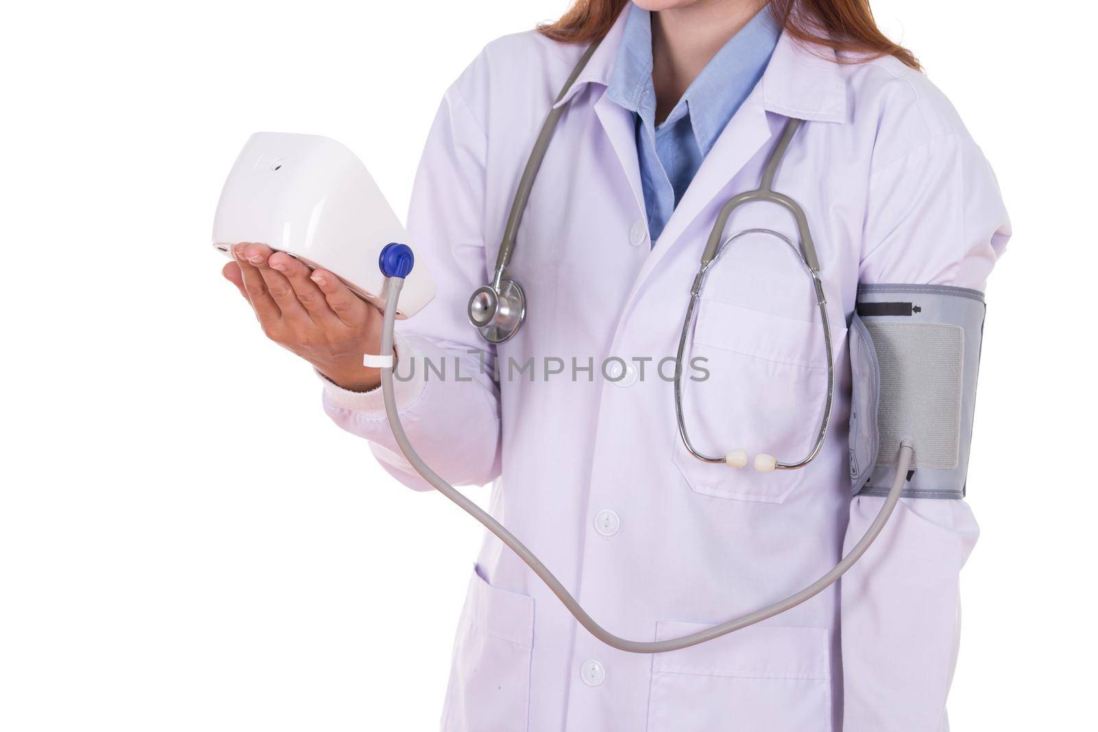 close-up hearth beat monitor and blood pressure with female doctor isolated on white background