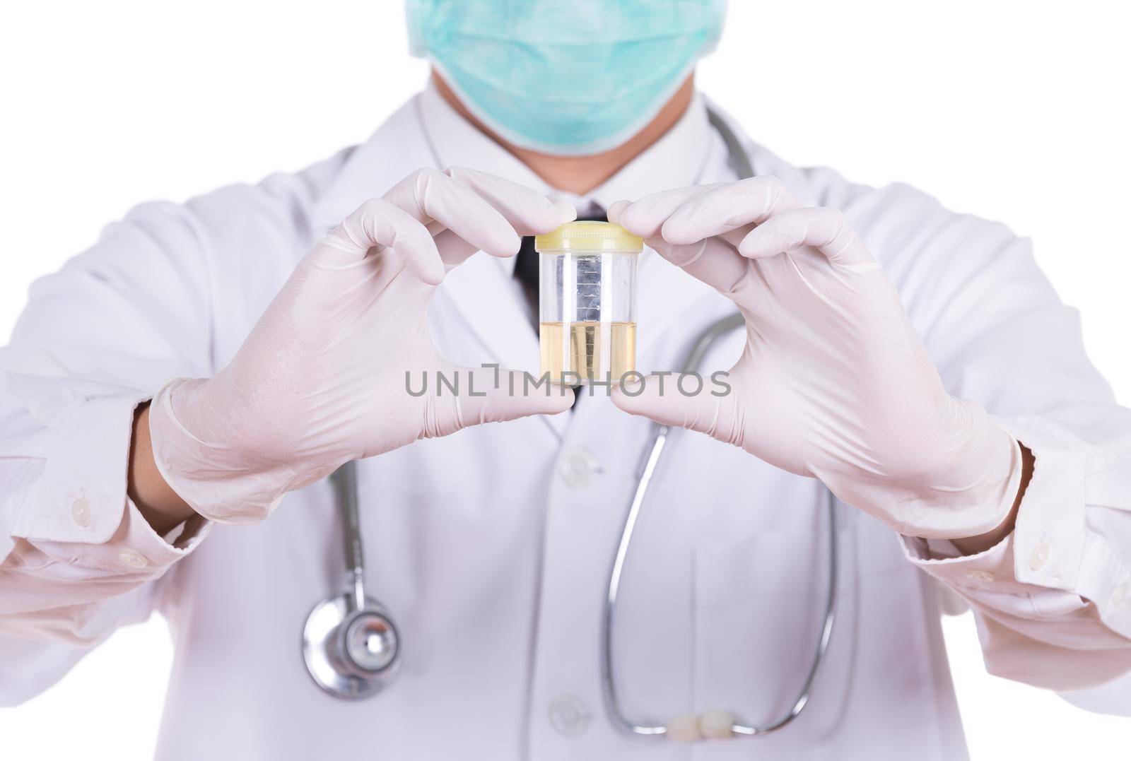 doctor's hand holding a bottle of urine  by geargodz