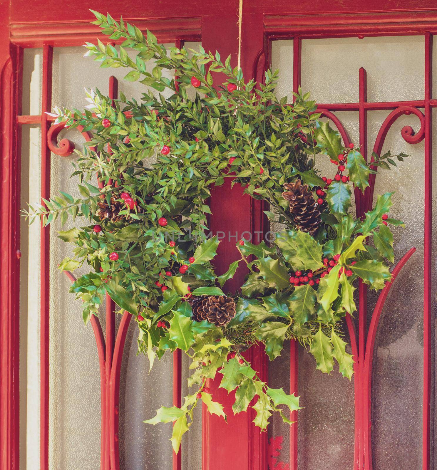Christmas holly wreath on a vintage red door