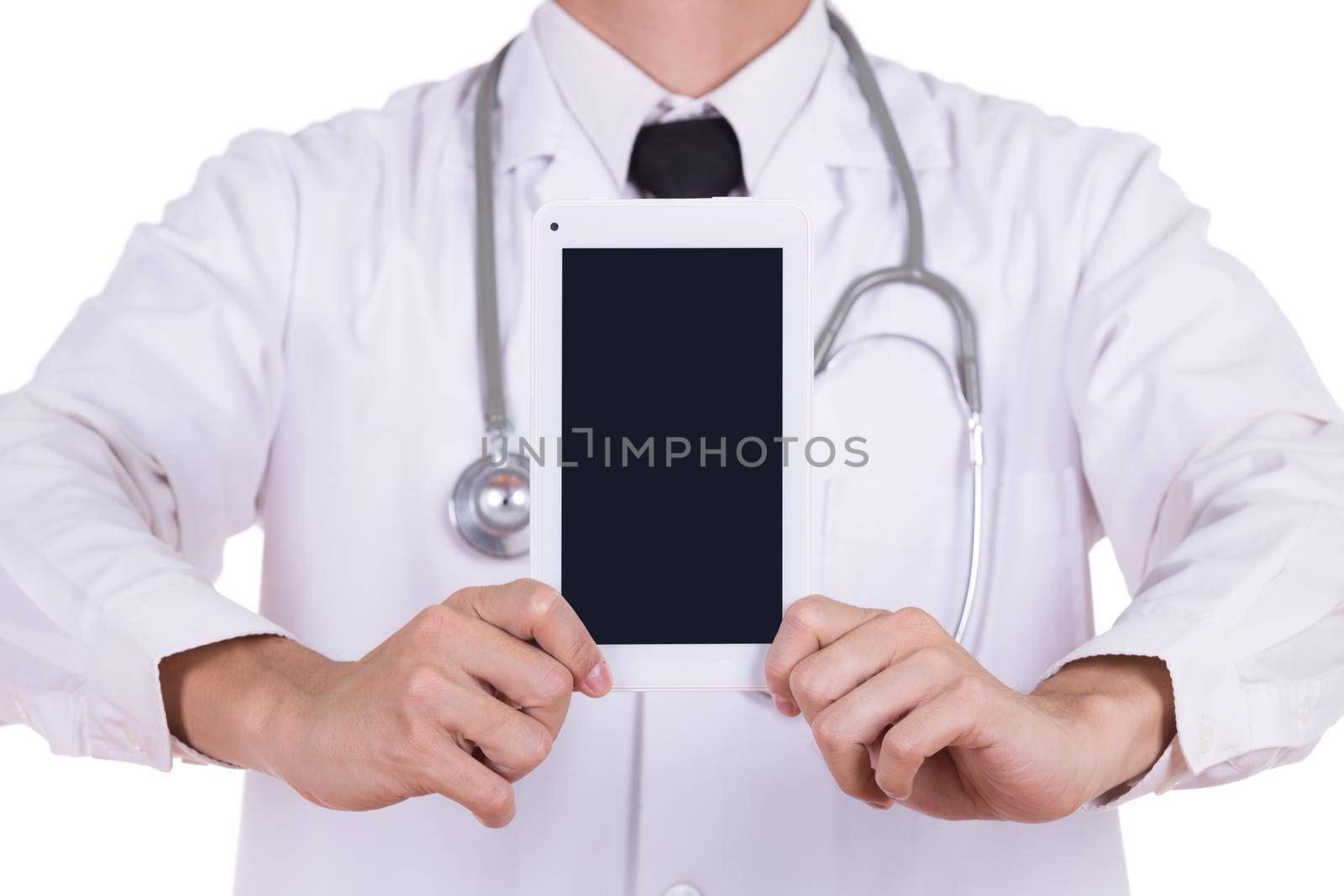 close-up doctor showing tablet computer blank screen by geargodz