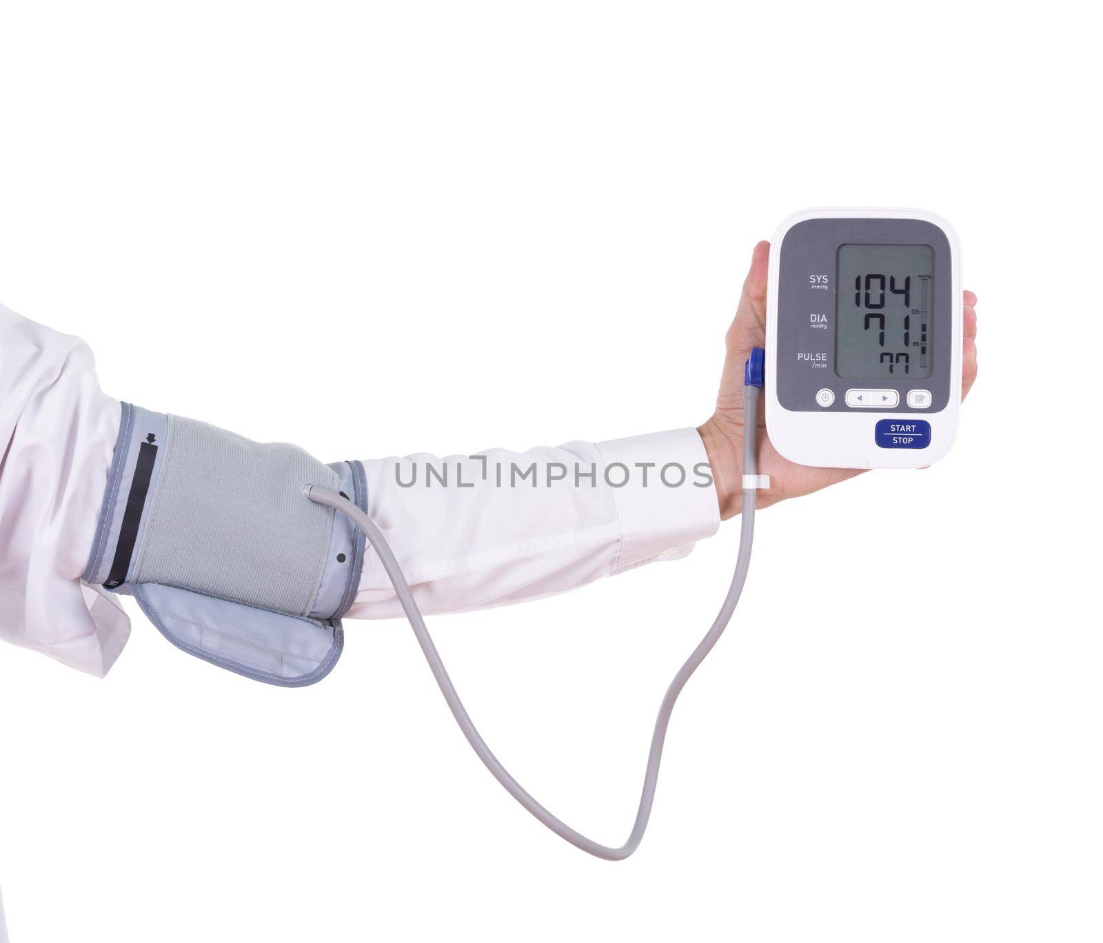 doctor's hand with digital blood pressure monitor isolated on white background