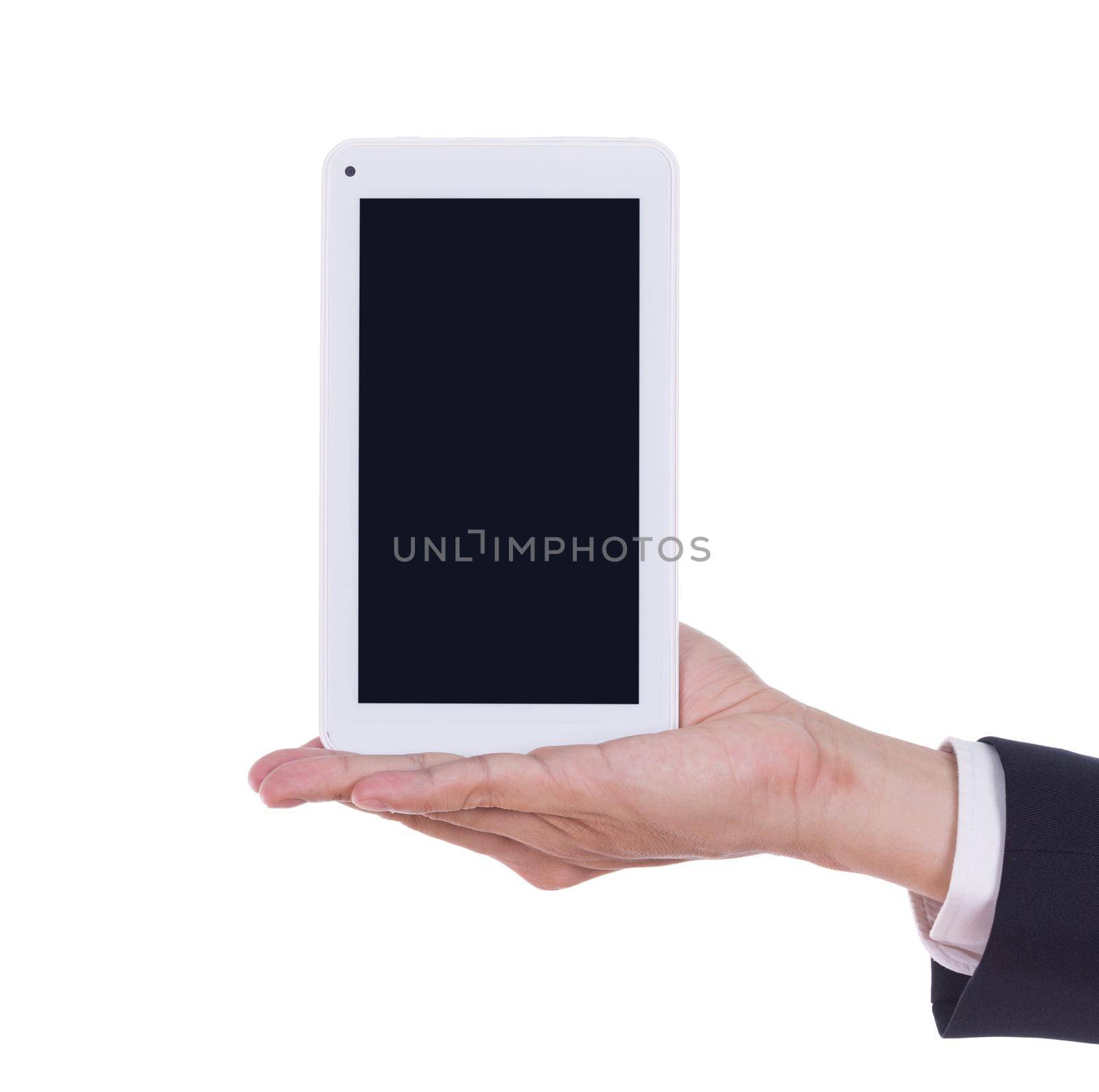 business hand holding a small tablet touch computer isolated on white background