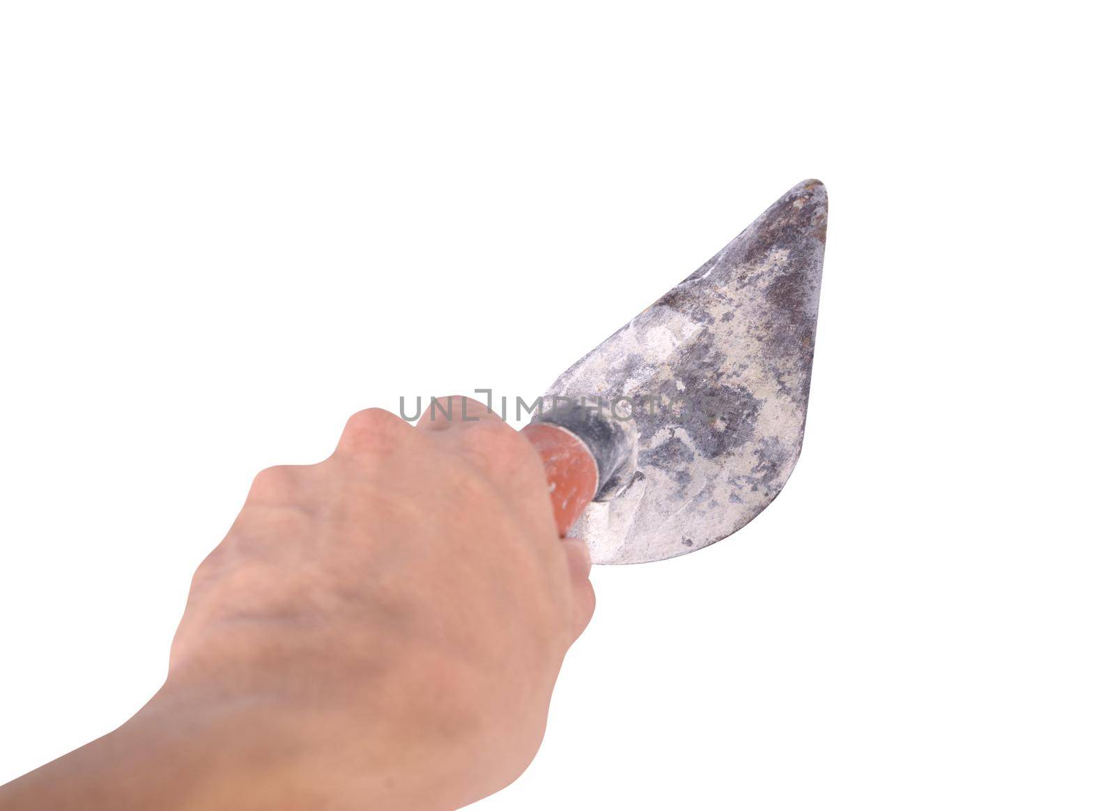 Old trowel in hand isolated on white by geargodz