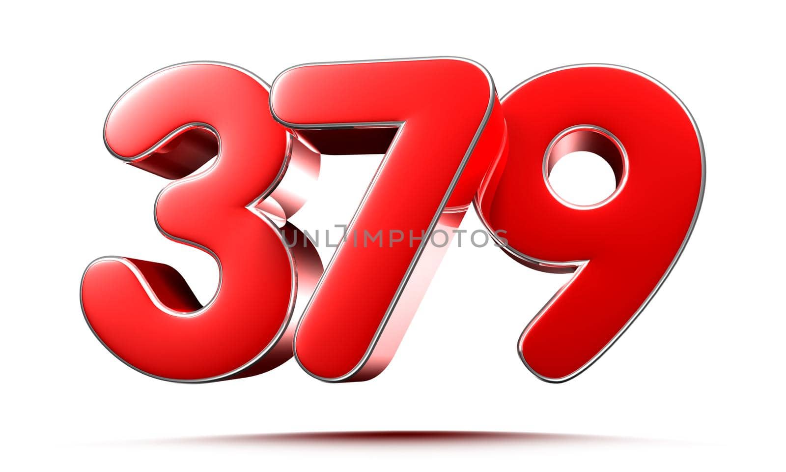 Rounded red numbers 379 on white background 3D illustration with clipping path