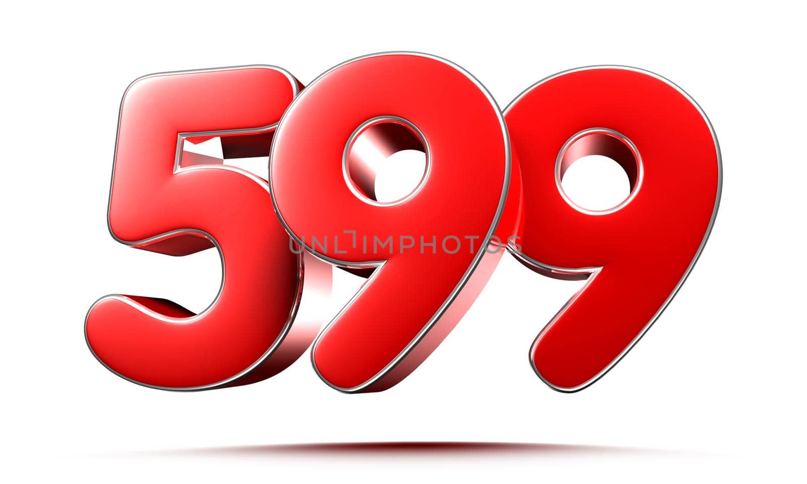 Rounded red numbers 599 on white background 3D illustration with clipping path