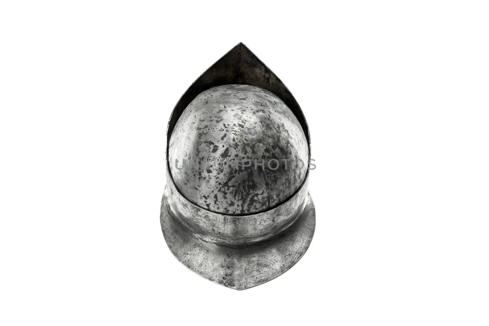 Back from above view of ancient iron spartan helmet isolated on white studio background. Medieval armor, archeological souvenir from past, metal tough head protection.