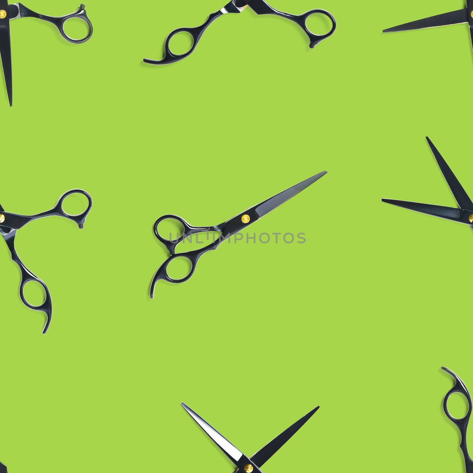 Seamless pattern of black scissors. professional hairdresser black scissors isolated on green. Black barber scissors, close up. pop art background by PhotoTime