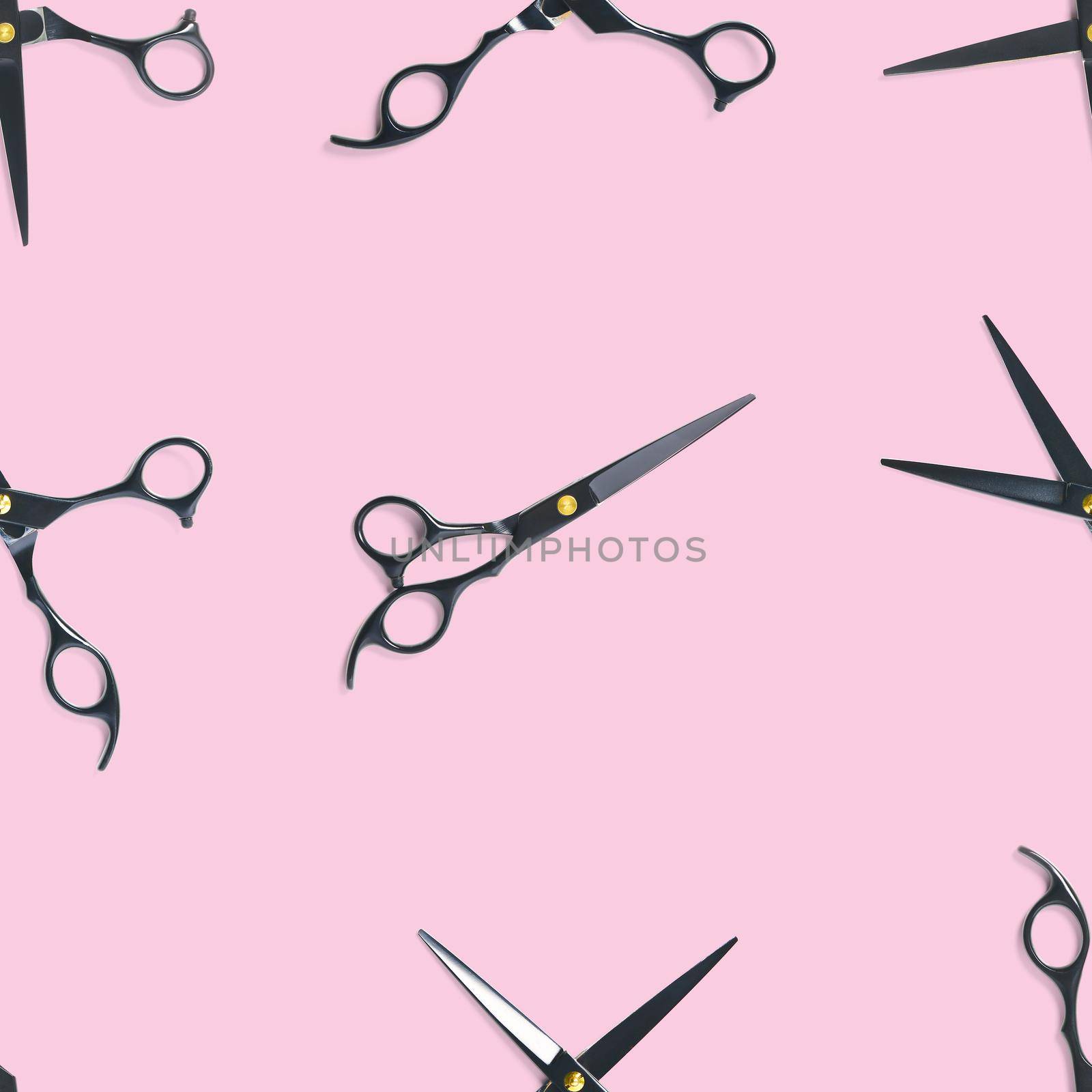 Seamless pattern of black scissors. professional hairdresser black scissors isolated on pink. Black barber scissors, close up. pop art background by PhotoTime